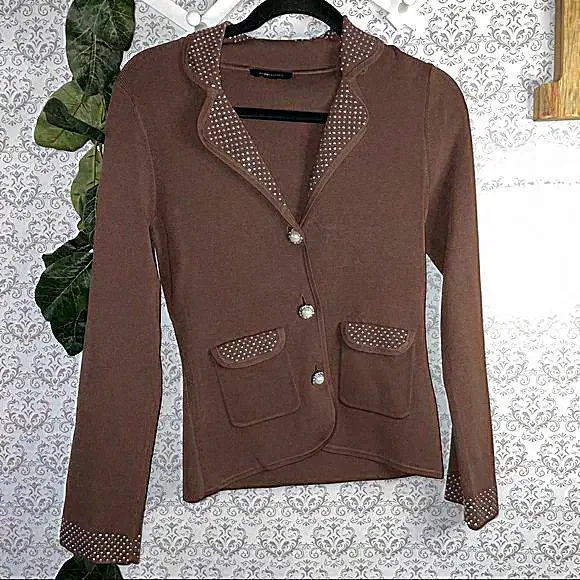 bcbgmaxzria sweater brown jacket woman studs fits small buttons up rhinestone - Picture 2 of 7